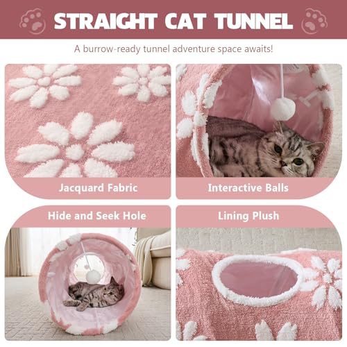 Straight Cat Tunnel for Indoor Cats 47"x12", Pink Flower | Cute Cat Toys, Collapsible Tunnel Tube with Hanging Balls for Puppy Kitten Rabbit - color: Pink Flower, size: Straight
