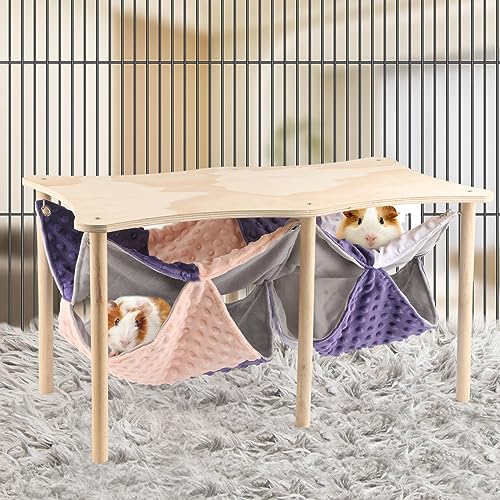 Guinea Pig Hammock,Double Ferret Rat Hammock with Stand,2PCS Hanging Soft Small Animal Toys Sleeping Bed with Durable Wooden Stand for Chinchilla Bunny Hiding and Playing