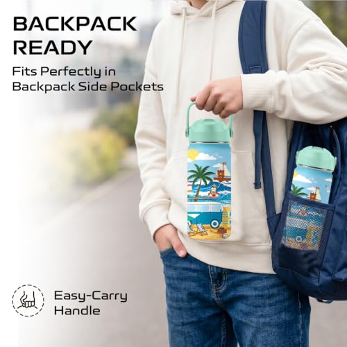 Summer Beach 16 oz Water Bottle with Straw – Stainless Steel Vacuum Insulated Cup, Leakproof Straw Lid, Reusable Travel Mug for Outdoor Sports - color: Beach1