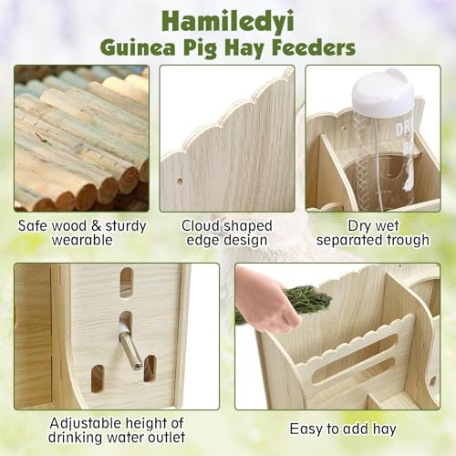 Hamiledyi Rabbit Hay Feeder Guinea Pig Food Holder Bunny Wooden Food Bin Feeder with Water Bottle Small Animals Hay Manger Wood Food Bowls for Guinea Pigs Rabbits Chinchillas Bunnies