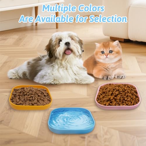 Fhiny 2PCS Silicone Cat Bowls Set 5.9 x 5.9 in Shallow Dog Dish Whisker Friendly Cat Food Plate for Dry & Wet Food Dishwasher Safe Non-Slip Pet Feeding Bowls for Kittens and Puppies (Blue+Pink) - color: Blue+Pink
