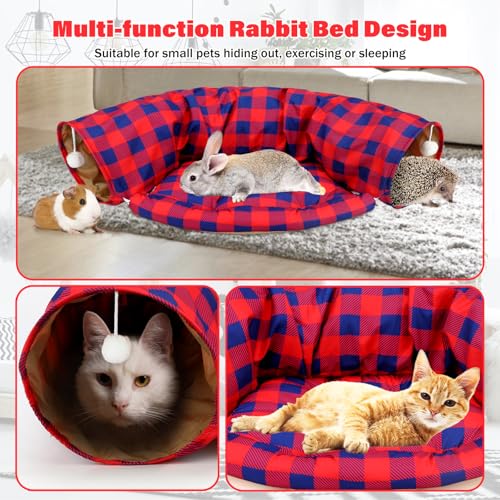 BWOGUE Bunny Tunnel Bed, 2-in-1 Collapsible Rabbit Tunnel Hideout with Mat | Red Plaid Rabbit Tunnel for Indoor Bunnies, 46.8 in Length, Removable Mat for Rest, Ball Toy for Play, Cats and Guinea Pigs - color: RedPlaid
