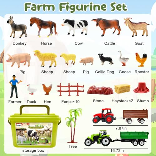BOLZRA Farm Animal Figures Toy, Realistic Plastic 2 Farm Tractors Playset with Trailer, Farmer Fence Storage Box, Christmas Birthday Easter Gift for Kids 3-8 - style: Farm Animals Figures