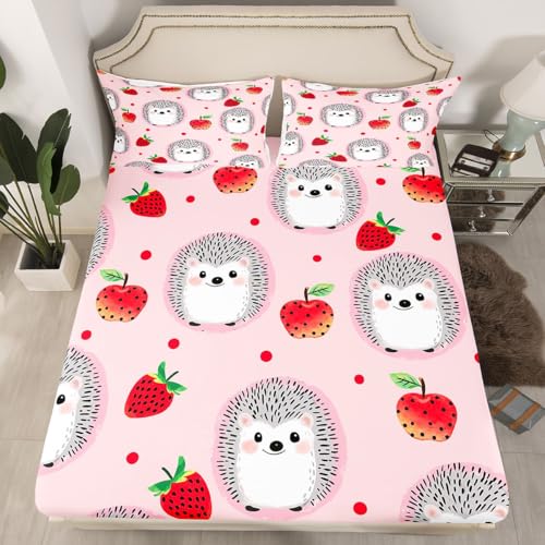 Erosebridal Kids Hedgehog Bed Sheets Strawberry Sheet Set Twin Size Kawaii Cute Hedgehog Animal Bedding Set for Little Boys Girls Teens Fruit Fitted Sheet with Cartoon Flat Sheet Deep Pocket, Pink - color: Multi 14, size: Twin