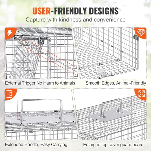VEVOR Humane Live Animal Trap, Dimensions 50" x 20" x 26" Cage Trap, Crafted from Galvanized Iron, Collapsible Design with Carrying Handle for Capturing Stray Dogs, Armadillos, Raccoons, and Foxes - size: 50" x 20" x 26"