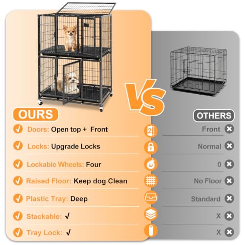 Homey Pet 31 Inch Two Tiers Heavy Duty Dog Crate with Lockable Wheels | Escape Proof Metal Wire Drop Cage for Dogs with Lockable Wheels, Removable Tray & Grids, Top Access for Small Dogs and Pets