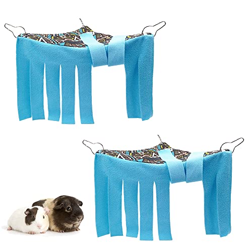RIOUSSI Guinea Pig Hideout Hideaway Corner Fleece Toys Cage Accessories | Reversible Sides | Soft Fleece Fabric | Come with Hooks | Guinea Pig Hammock for Small Animals | Blue+Blue, Triangle - color: Blue+Blue