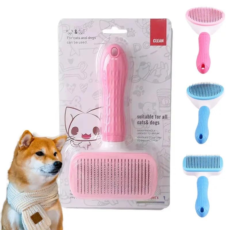 Generic Pink Cat grooming brush, Pet hair brush with Massage Particles, Self Cleaning Dematting Comb for Dogs and Cats, Easy to Use, Ergonomic Handle Design - color: Pink