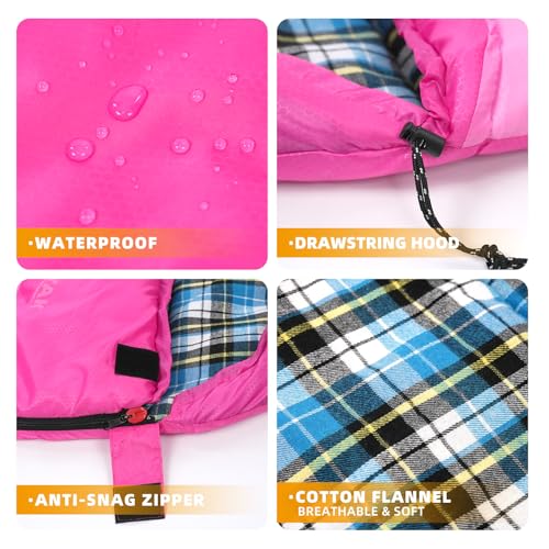 Cotton Flannel Lined Sleeping Bag for Adults Teens Kids, Cold Weather & Warm, 3 Seasons, Lightweight Compact Camping Essentials Equipment, Hiking, Outdoor, Travel - color: Deep Pink & Light Pink