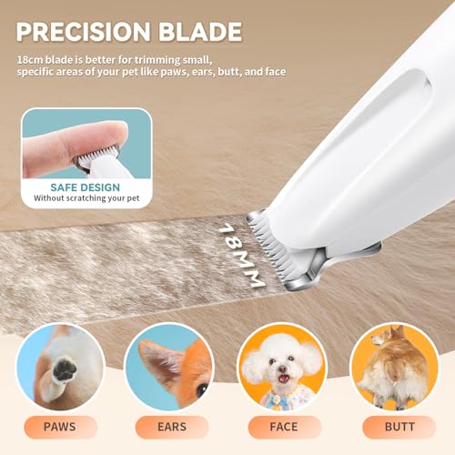 2026 New Pet Precision Trimmer, Dog Paw Trimmer with LED Light, Ultra Quiet | IP68 Waterproof, Dual-Speed Motor, Suit for Trimming Paw, Ear, Face, Butt, Eyebrows, USB Rechageble - color: White With Extra Blades