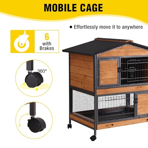 Aivituvin Rabbit Hutch Indoor 2 Story Bunny Cage Outdoor Guinea Pig Cage with Caster Wheels Chicken Coop with Run, 3 Pull Out Tray (Black&Wood) - color: Black&Wood