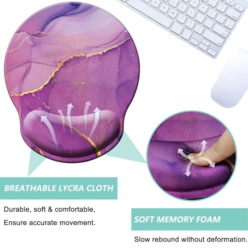 Mouse Pad with Wrist Support, Ergonomic Mouse Pad with Memory Foam Wrist Rest Cushion, Non-Slip Rubber Base Gaming Mice Pad for Home Office Computer Laptop, Purple Marble - color: Purple marble