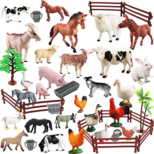 Yowlieu Realistic Farm Animal Figures Toys, 44 Pcs Plastic Farm Figurines Playset Includes Fences Mini Farm Animal Cake Topper Learning Toy Set for Kids & Toddlers - size: 44 Pcs Farm Set