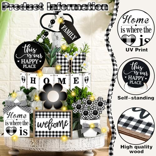 FairySandy 11 Pcs Home Tiered Tray Decor Buffalo Plaid Black White Rustic Farmhouse Tiered Tray Decorations Set Home Wooden Signs Vintage Farm Animal Tabletop Wood Signs for Kitchen Table Shelf Decor - style: Novelty