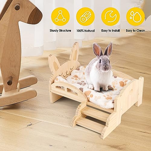 Wooden Guinea Pig Bed with Mat 13.5IN X 9.3IN Detachable Hideout with Stairs Small Animal Cute Warm Habitats for Hamsters Ferret Bunny Sleeping Hiding