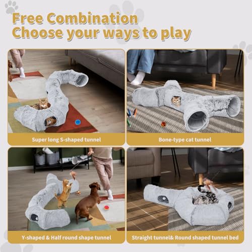 Cat Tunnels Bed with 1 Straight Tunnel and 20 Pet Toys - 5 Shapes DIY Indoor Cats Cave - Detachable Soft Cat Donut for Kitten Puppy Rabbit Ferret - color: Cat Tunnel+Additional Straight Tunnel