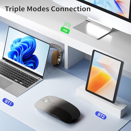 TENMOS M18 Bluetooth Mouse, USB C Rechargeable Wireless Mouse, Grey&Black | Tri-Mode BT5.1/5.0+2.4G, Silent, Portable, Battery Level Visible, USB Receiver,Type C Adapter, for Laptop/Macbook/iPad/PC - color: grey and black