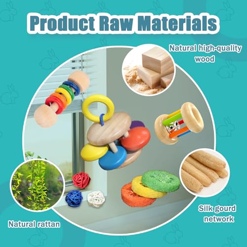 QWR 9PCS Wooden Bunny Toys,Safe Rabbit & Guinea Pigs Teeth Grinding Toy for Chinchillas, Hamsters & Small Animals - Indoor & Outdoor - size: 9PCS