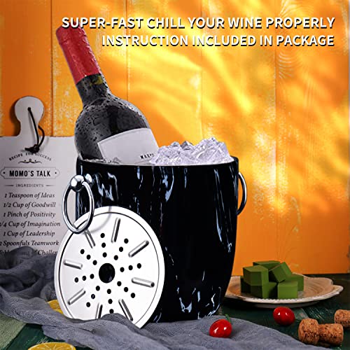 Ice Bucket with Lid, Scoop, Tongs and Strainer - Well Made Insulated Stainless Steel Keep Ice Frozen Longer - Ideal for Cocktail Bar, Parties, Chilling Wine, Champagne - 3 Liter (Black Marble) - color: Black Marble