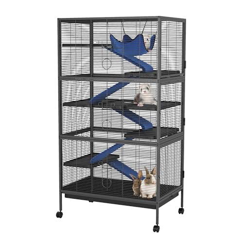 Small Animal Cages, Expandable 50-Inch Ferret Nation Style Cage with Lockable Doors and Ramps - Multi-Level Small Animal Habitat for Chin Pets Chinchillas and Indoor Rabbits