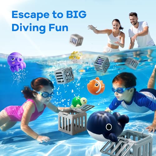 Funscape Kids Pool Diving Toy, Water Swimming Dive Game, Toddler Bath Toys | 6 Fish Cages 6 Floating Animals, Fun Swim Pool Game Outdoor Beach Lake Summer Party Gifts 3 4 5 6 7 8 10 12 Year Old Boy Girl
