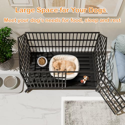 50 inch Heavy Duty Indestructible Dog Crate with 2 Bowls, Steel Double Door Indoor High Anxiety Cage for Large Giant Dogs, Escape-Proof Chew-Proof Pet Kennel with Trays and Wheels, Extra Large XL XXL - size: 49.2"L x 29.7"W x 46.3"H