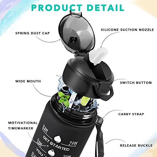 Enerbone 32 oz Drinking Water Bottle with Times to Drink and Straw, Motivational with Carrying Strap, Leakproof BPA & Toxic Free, Ensure You Drink Enough Water for Fitness Gym Outdoor - color: Black Matte