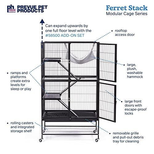 Prevue Pet Products Ferret Stack Two Story Ferret Home - Portable Stand, Escape Proof Lock, Includes Hammock & Ramps, Expandable Two Story Cage Stacking System with Wheels - Black