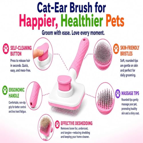 Generic Pink Cat grooming brush, Pet hair brush with Massage Particles, Self Cleaning Dematting Comb for Dogs and Cats, Easy to Use, Ergonomic Handle Design - color: Pink