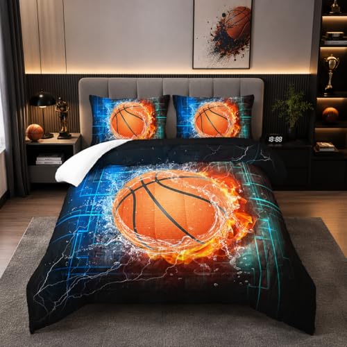 Nttopship Basketball Boys Comforter Set Twin Size Fire Basketball Bedding Sets 3 Piece Sport Theme Bedding 3D Sport Microfiber Bedding Set for Boys Kids(1 Comforter and 2 Pillowcases) - color: Basketball, size: Twin