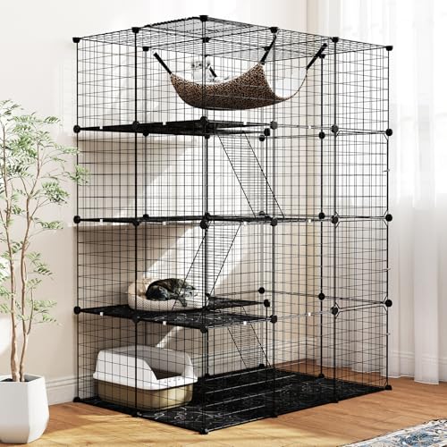 Tangkula Cat Cages Indoor, 56" Large 4-Tier Cat Enclosure with Skylight, Hammock, 3 Ladders, Detachable Metal Wire Kennel with 4 Lockable Doors, DIY Cat Crate & Pet Playpen Catio for 1-4 Cats - size: 43.0"L x 29.0"W x 56.0"H