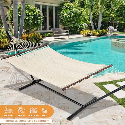 Lazy Daze XL Handwoven Caribbean Rope Hammock, 2+ Person Hammock | 13FT Polyester Outdoor Hammock with Spreader Bars & Straps & Carabiners, 500lbs Capacity for Outside, Patio, Gream - color: Gream