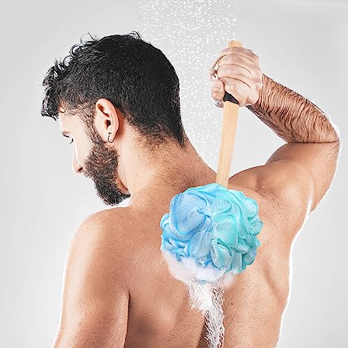 FORENEE Blue, Green and White Loofah on a Stick, PE Mesh Back Scrubber | Soft PE mesh for rich lather and gentle cleansing; water-resistant coated wood handle, non-slip rubber grip and hanging loop - style: Blue Green White