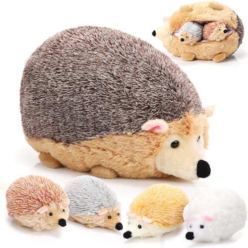 Hiboom 5 Pcs Hedgehog Stuffed Animal, 14 Inch Large Mommy Hedgehog Stuffed Plush Toys with 4 Plush Baby Soft Cuddly Plushie Toy Set Easter Gifts for Kids Birthday Gifts Party Favors(Lying Down) - style: Lying Down