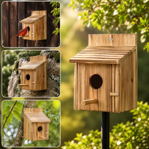 Wooden Bird House for Outside, Hanging Natural Wood Birdhouse with Perch, 1.57" Entrance & Side Clean-Out Door for Bluebirds, Wrens and Finches, Garden Decor