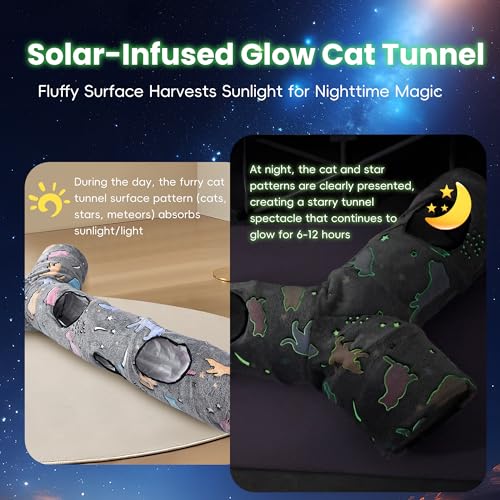 Cat Tunnel for Indoor Cats,Tree Trunk Cat Tunnels with Plush Ball Toys Collapsible,Stars, Moon Shape Self-Luminous, for Indoor Cats,Pets Bunny Rabbits, Kittens, Ferrets - color: 59"-Cat Tunnel Toy Fluorescent