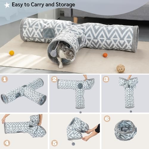 JanYoo Plush Rabbit Hideout Bunny Tunnel and Tube 3 Ways Guinea Pig Tunnel | 47'' Collapsible Cat Toys with Interactive Ball for Indoor Kittens Rabbits Ferret Guinea Pigs Pet Accessories