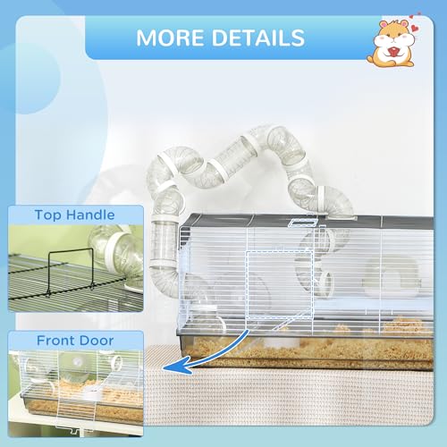 PawHut Hamster Cage, 2 Levels Gerbil Cage, Small Animal Cage for Dwarf Hamster with Tubes and Tunnels, Exercise Wheel, Food Dish, Water Bottle, Ramp, 23" x 13" x 12", Gray | Gerbil Habitat, Small Animal Cage, Tubes and Tunnels, Exercise Wheel, Food Dish,