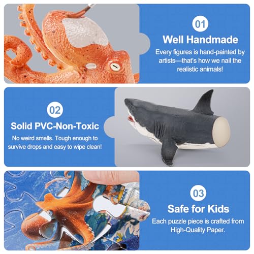 81PCS Large Realistic Ocean Sea Animal Toys with 20" Floor Puzzles for Kids, Kids Solid Ocean Animals Figuress Includ Shark,Octopus,Starfish,Sea Turtle for Toddler Boys Girls Birthday Gifts