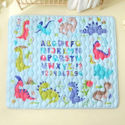 Viviland Baby Mats for Floor, 50x50 Inch Playpen Mat, Thick Cushioning Padding Playmat for Baby and Toddlers Infants, Non-Slip & Machine Washable, Blue Dino and Letters - color: Blue Dino and Letters, size: 50" X 50"