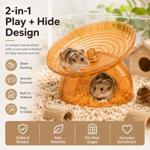 Silent Hamster Wheel with Hamster Hideout, Quiet Flying Saucer Exercise Wheel for Dwarf Hamsters, Stable Running Wheel, Small Animal Cage Accessory, Easy to Clean (Orange) | 2-in-1 flying saucer wheel with hideout, quiet spin, wide track, clear body, stab