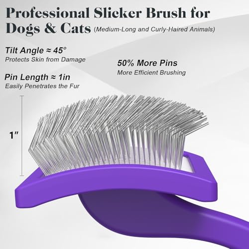 2PCS Slicker Brush for Dogs & Pet Comb,Professional Dog Grooming Brush (Goldendoodles,Poodles,Labradoodles) with Extra Long Pins to Effectively Remove Tangles, Knots and Mats (Purple, Large) - color: Purple, size: Large