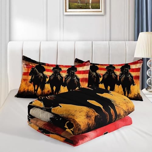 HOSIMA Cowboy Full Comforter,Cowboys Riding Horses Print Western Bedding for Adults Teens Boys Room Decor,Fluffy American Flag Background Pattern Country Comforter with 2 Pillowcases. - color: Brown, size: Full