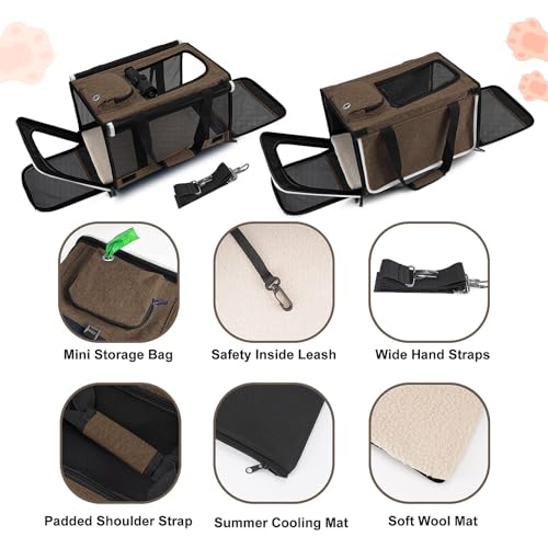 GAPZER Pet Carrier for Large Cat Soft-Sided Animal Traveling Bag up to 20lb | Privacy Protection Big Kitten Car Travel Cloth Carry Bag up to 20 lbs, Small Animal Portable Mesh Kennel Cage for Vet Visits - color: Mocha Brown
