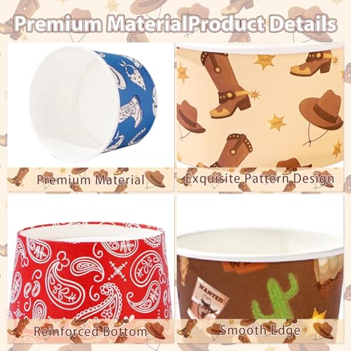 120Pcs 12oz Western Cowboy Ice Cream Cups for Hot or Cold Food | Rodeo Dessert Bowls Disposable Bandana Cowboy Boot Large Snack Cups for Western Birthday Bachelorette Party Favor - style: Western Dessert Cup