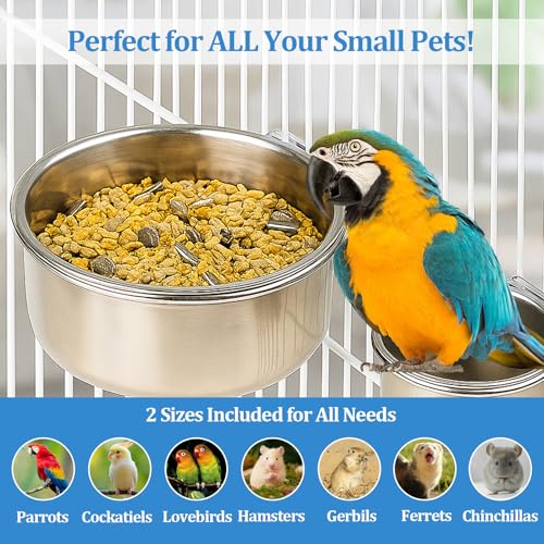 2 Pack Stainless Steel Bird Food Bowl Small Bird Feeding Dish Cups for Cage Parrot Food Bowl Cage with Clamp Holder for Parrots, Cockatiels, Small Animals (S+M) - size: S+M