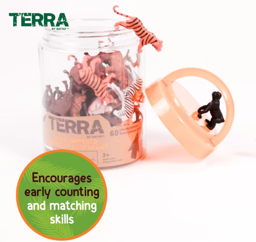 Terra by Battat Wild Animal Figurines Tube, 60 Mini Safari Figures, Animals | 60 realistic mini wild animal figures in a portable tube for pretend play, crafts, dioramas, sensory bins, Animals, 3+ Years - style: Wild Animals in Tube