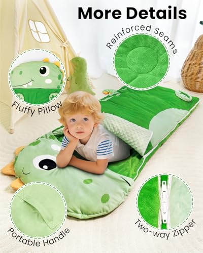 Kids Sleeping Bag, 3 in 1 Larger Plush Animal Toddler Nap Mat | Slumber Bag for Travel Sleepover Birthday Daycare Preschool Kindergarten, Boys Girls - color: Green Dinosaur, size: 70"*27"
