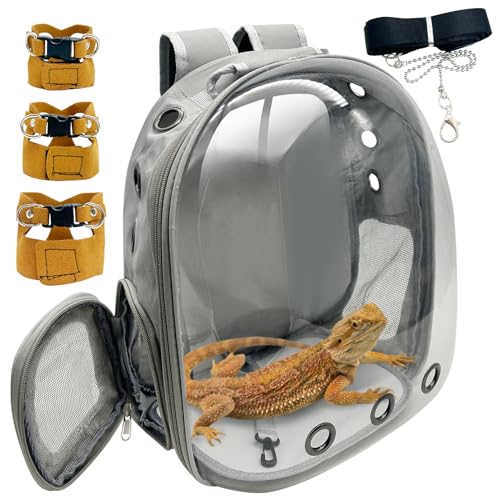PINVNBY Bearded Dragon Carrier Backpack with Harness and Leash Set Large Reptile Travel Carrier Portable Lizard Backpack Clear Bubble Window Small Animal Carrying Bag for Gecko Kitten Rabbit (Gray) - color: Gray