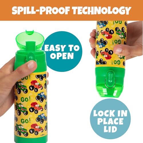 Bentology Stainless Steel 13 Oz Reusable Water Bottle Kids, Monster Truck | Double Wall Insulated, Spill Proof Lid W/Built-in Straw- Keep Liquids Hot or Cold- Easily Fits in Lunch Boxes & Bags - color: Monster Truck